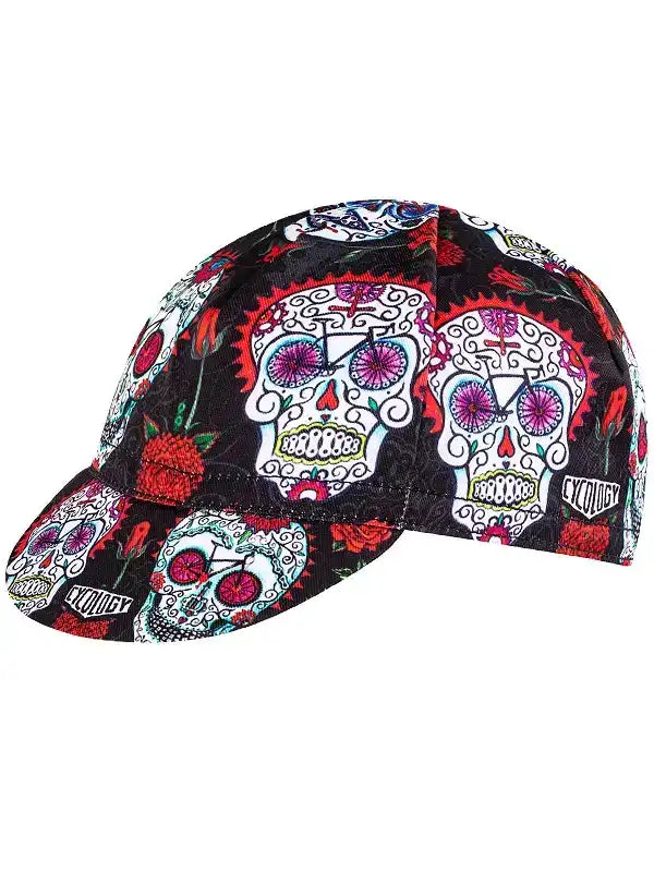 Cycling cap with sugar skull and rose print, vibrant Day of Dead design for bike rides