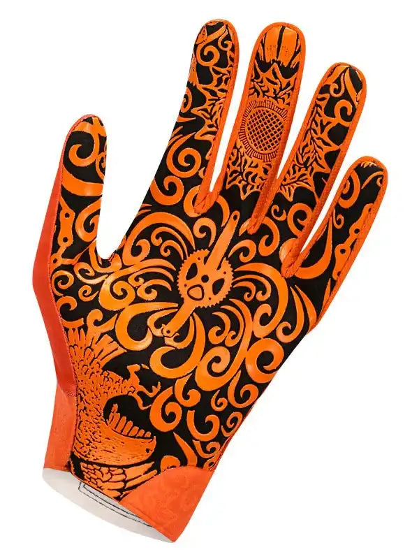 Orange and black cycling glove with intricate swirl and gear design, ideal for men's and women's bike rides.