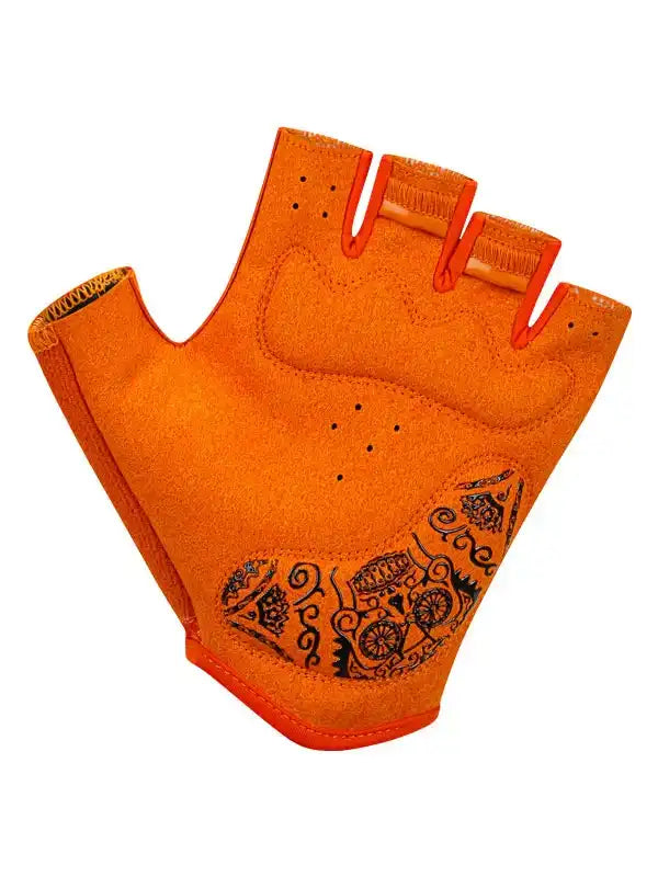 Vibrant orange fingerless cycling glove with black ornate pattern, breathable design for men and women