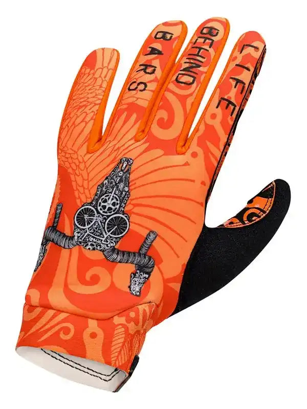 Orange cycling glove with 'Life Behind Bars' text and bike graphic, featuring grip palm and vibrant design