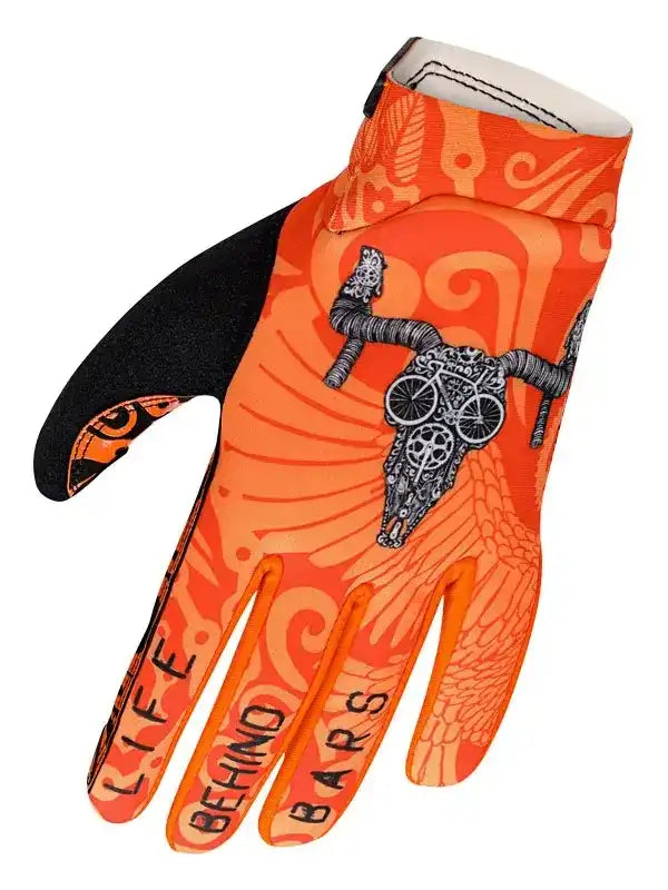 Orange cycling glove with skull & bike wheel design, 'LIFE BEHIND BARS' text, black palm
