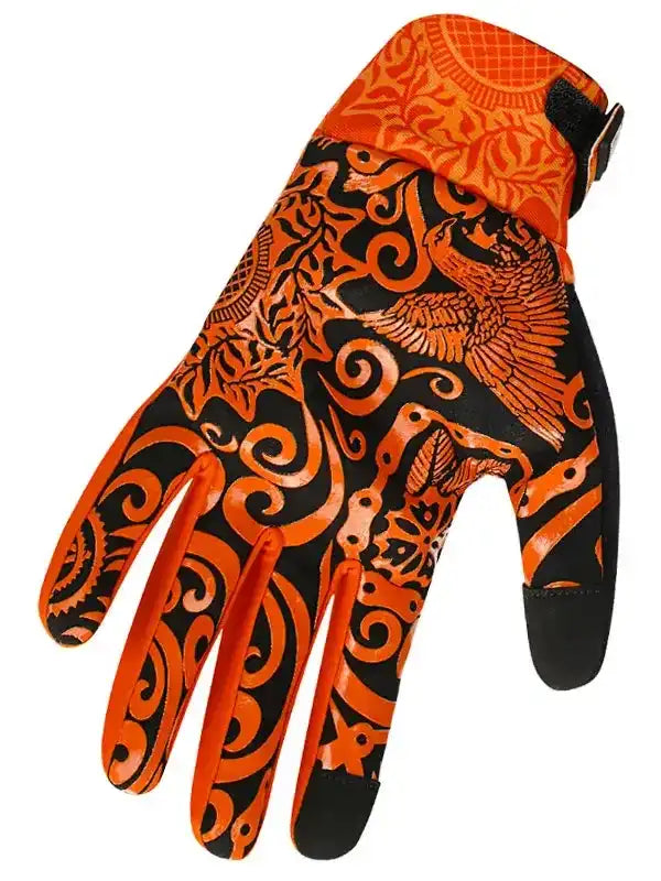 Orange and black cycling glove with phoenix and swirl design, breathable fabric, touchscreen tips