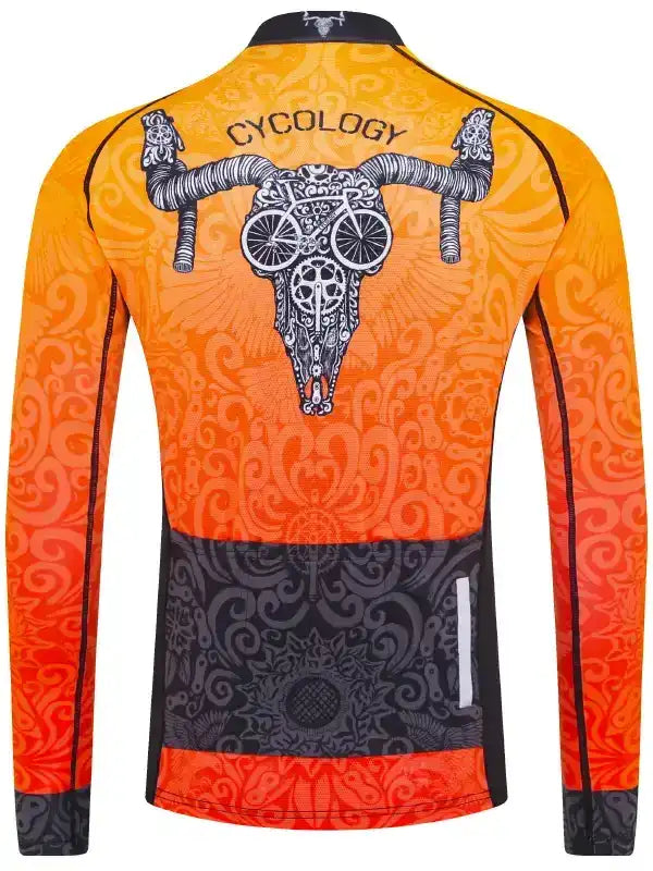 Men's long sleeve cycling jersey with bold orange pattern and skull-bike graphic, ideal for road rides.