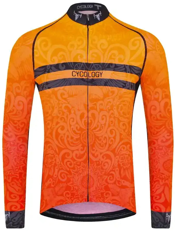 Men's orange long sleeve cycling jersey with swirl pattern and black accents, ideal for road biking