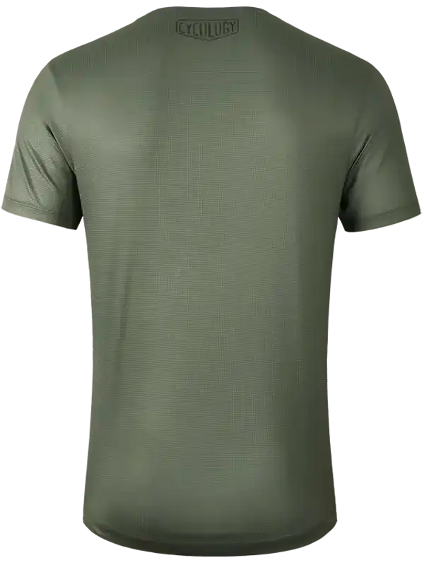 Olive green men's cycling jersey with textured fabric and subtle back logo, designed for performance and comfort.