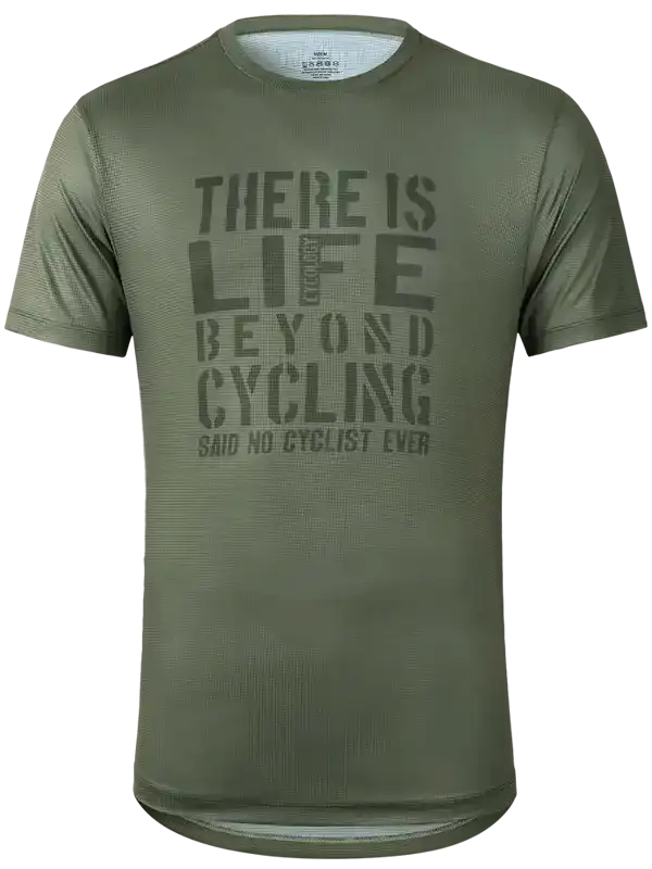 Olive green cycling jersey with bold text 'There is life beyond cycling' for men and women