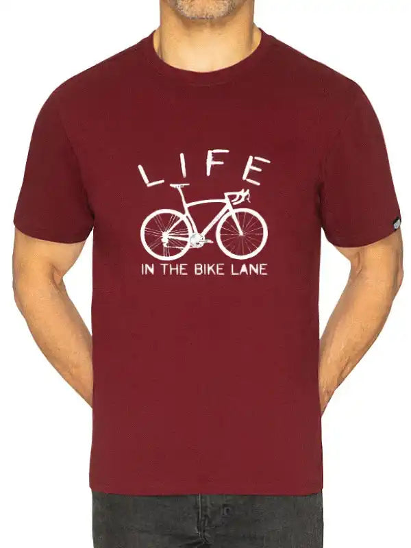 Maroon cycling t-shirt with 'Life in the Bike Lane' graphic and bike design for men