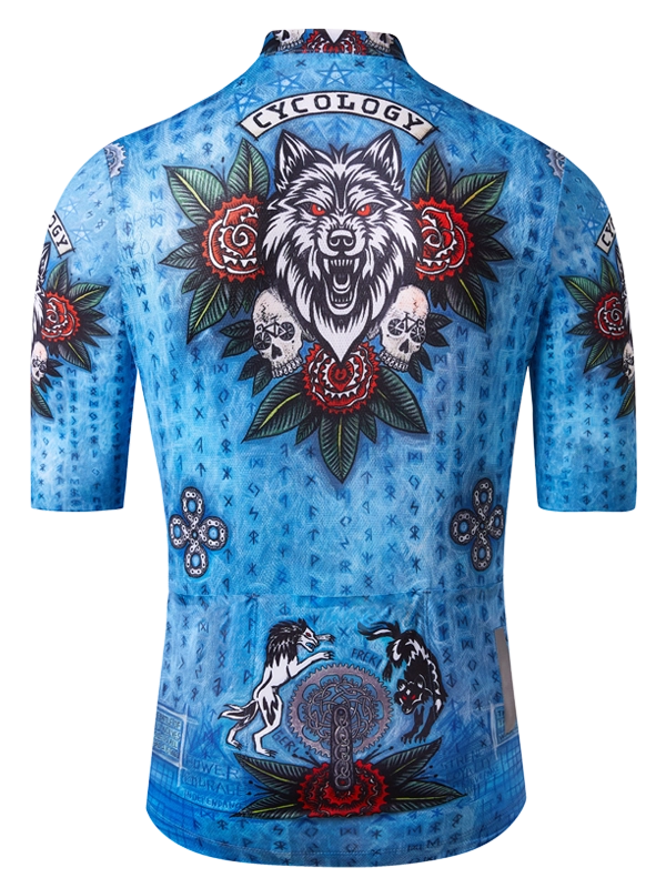 Blue cycling jersey with wolf and rose design 