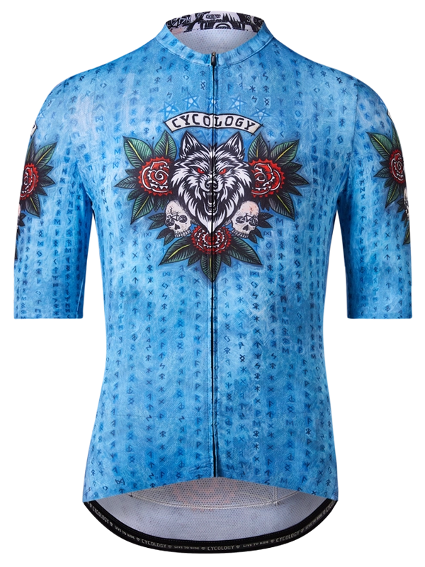 Blue cycling jersey with wolf and rose design 