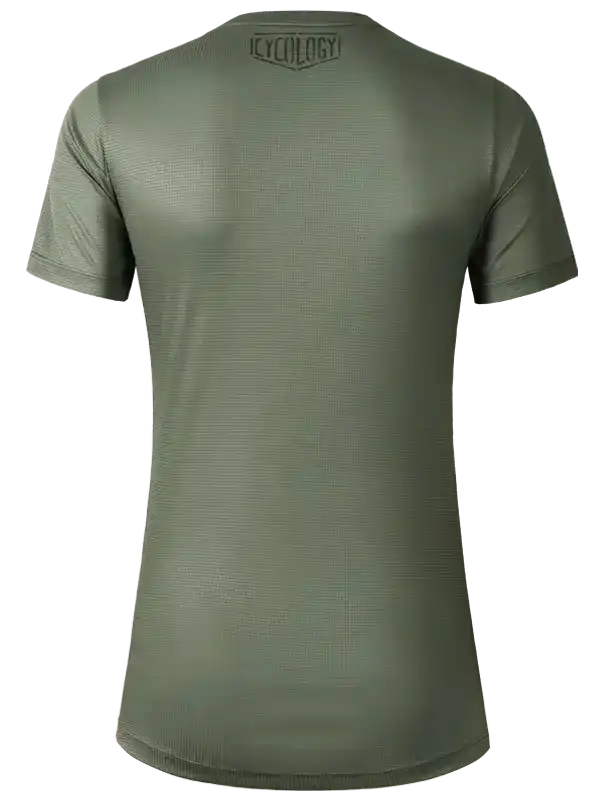 Olive green men's cycling jersey with subtle texture and small logo at neckline, ideal for performance rides.