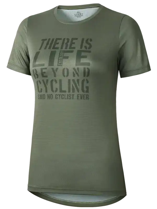 Olive green women's cycling t-shirt with 'There is life beyond cycling' graphic print, breathable fabric