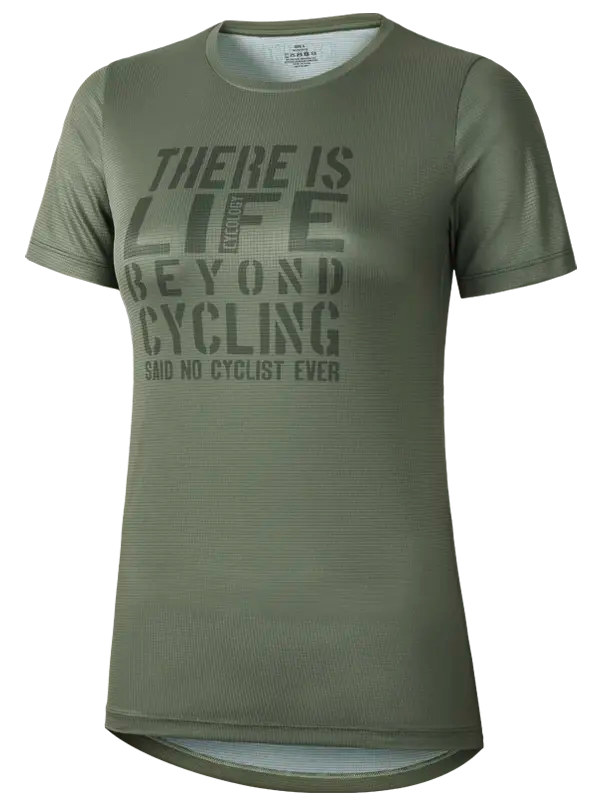 Green t-shirt with text 'There is life beyond cycling and no cyclist ever'