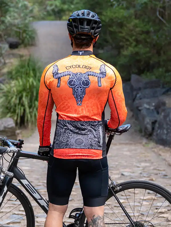 Life Behind Bars Men's Orange Long Sleeve Summer Cycling Jersey on model
