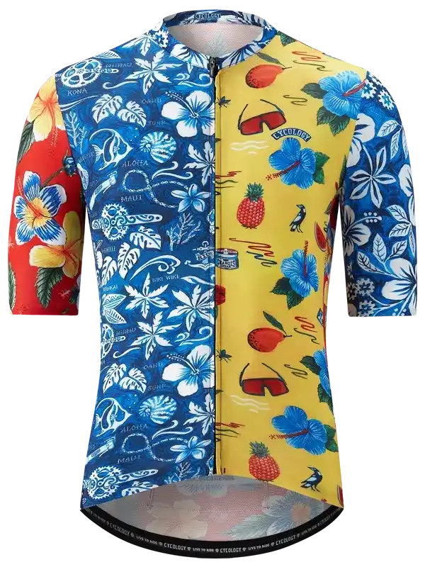 Men's tropical print cycling jersey with blue, yellow, red panels, hibiscus, pineapple, surf designs