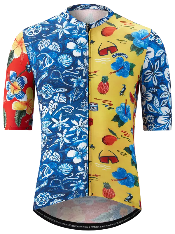 A Mahalo  men's cycling jersey with a floral and fruit print, featuring a split design with one half predominantly blue and the other yellow.