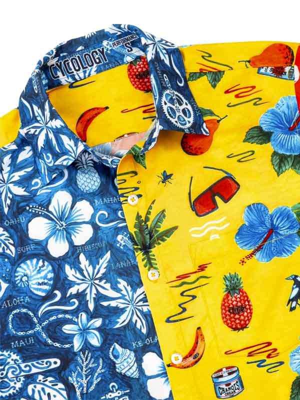 Vibrant yellow and blue tropical cycling shirt with hibiscus, pineapple, and gear prints for men and women