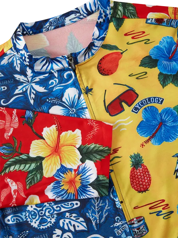 Mahalo Men's Blue Reborn Short Sleeve Cycling Jersey Cycology  close up of the floral design 