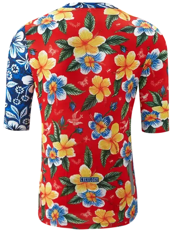 Red cycling jersey with vibrant hibiscus flowers and blue floral sleeves, ideal for tropical rides.