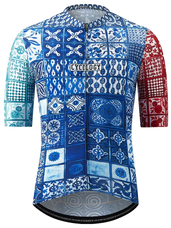 A blue  Men's Majorca cycling jersey with geometric patterns and a logo on the chest.