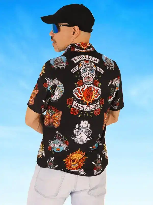 Men's black cycling shirt with colorful tattoo-style graphics, skulls, roses, and 'Amor Eterno' text