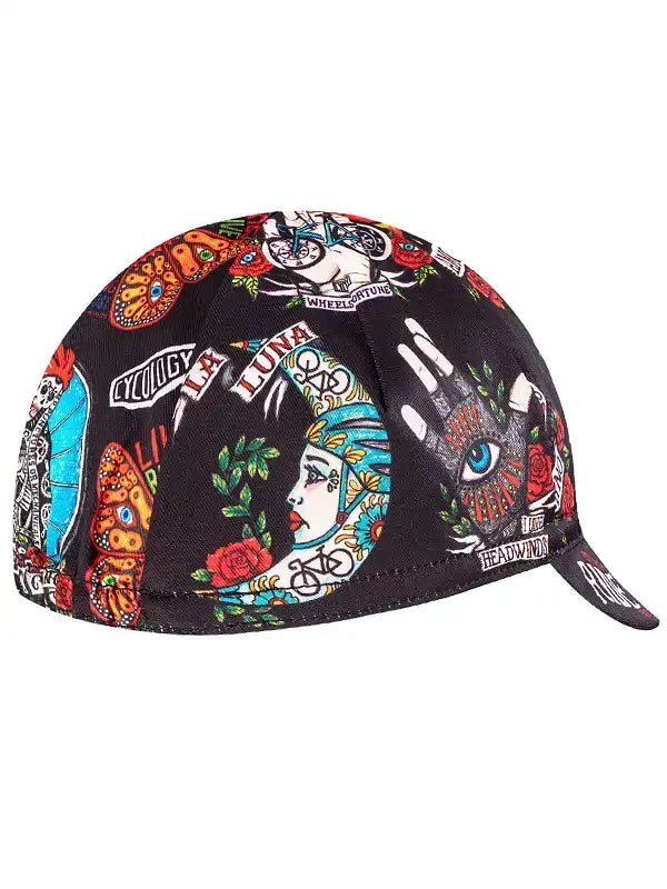 Tattoo-style cycling cap with vibrant graphics, roses, and skull designs for men and women riders