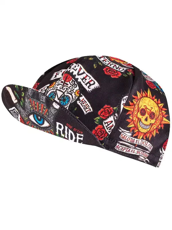 Tattoo-style cycling cap with skulls, roses, and bold text for men and women riders