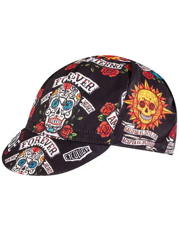 Black cycling cap with sugar skull, rose, and 'FOREVER' tattoo-style graphics for men's and women's bike rides