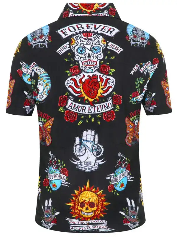 Black cycling shirt with sugar skull, roses, and tattoo-style graphics for men's bike wear