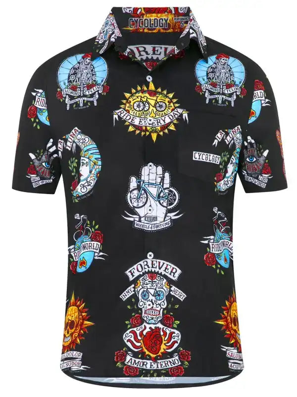 Black men's cycling shirt with tattoo-style graphics, skulls, bikes, and roses for bike lovers
