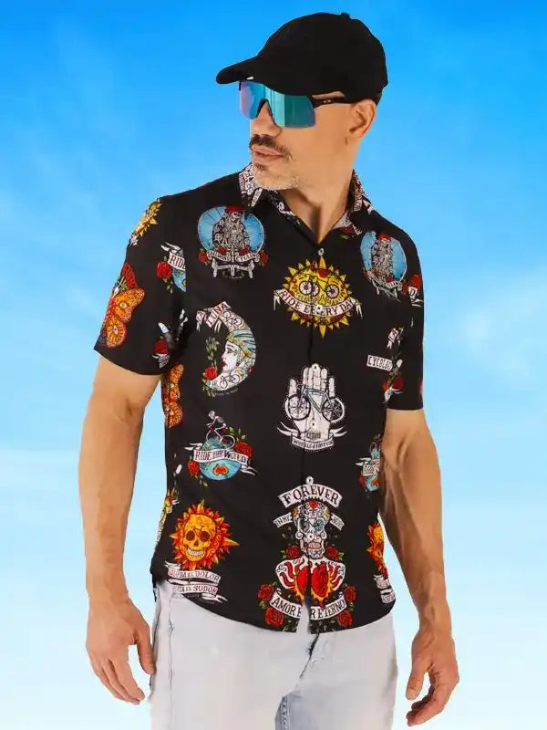 Men's black short sleeve cycling shirt with colorful tattoo-style graphics, ideal for bike rides and casual wear.