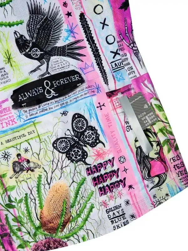 Vibrant cycling jersey with artistic designs, including birds, butterflies, and bold text for unique style.
