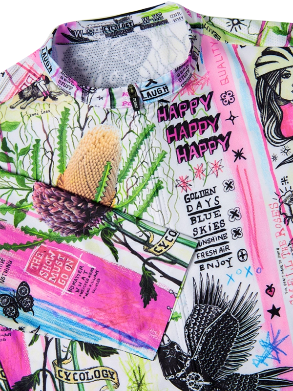 Colorful cycling jersey with nature-themed design, text, and brand logos.