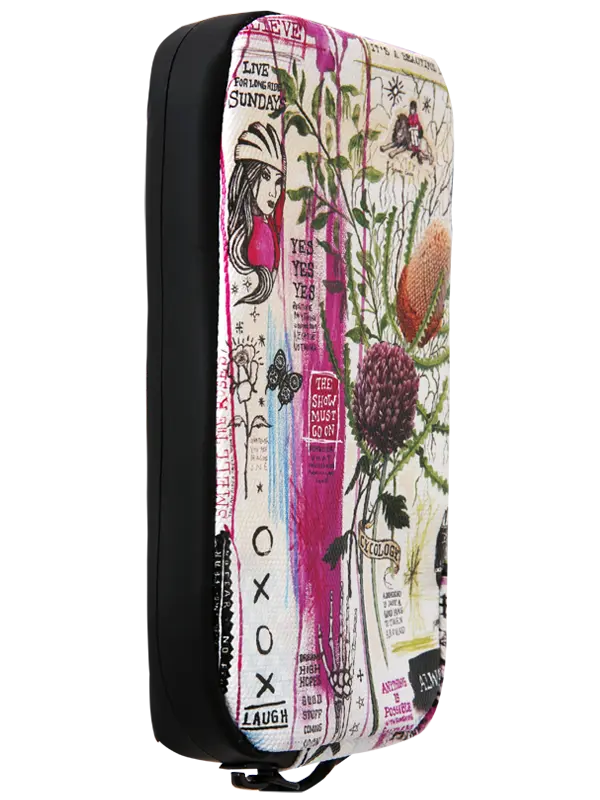 A rectangular zippered cycling wallet featuring a highly detailed, colorful collage print with botanical illustrations, a black butterfly, a crow, and text like 'HAPPY HAPPY HAPPY' and 'ALWAYS & FOREVER' on a white background with black trim.