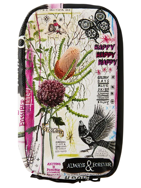A rectangular zippered cycling wallet featuring a highly detailed, colorful collage print with botanical illustrations, a black butterfly, a crow, and text like 'HAPPY HAPPY HAPPY' and 'ALWAYS & FOREVER' on a white background with black trim.