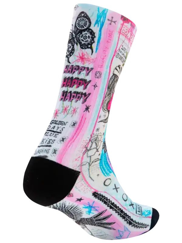 Colorful cycling socks with 'Happy' text, butterfly, and doodle designs for men and women