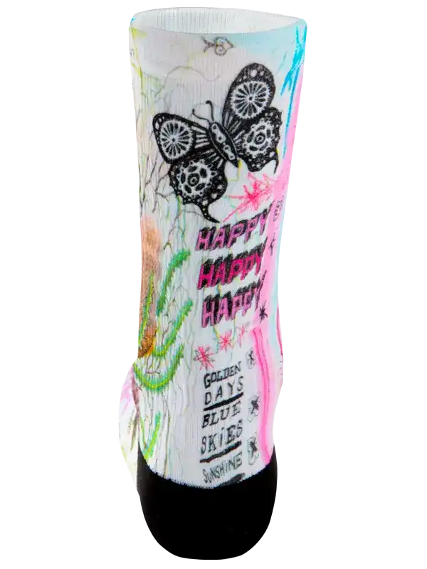 Colorful cycling sock with butterfly design, 'Happy' text, and golden days print for road bike rides