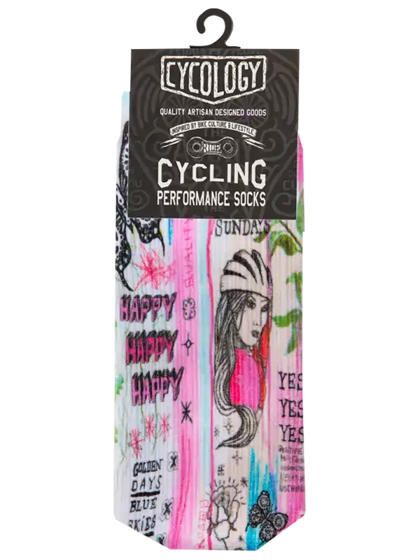 Cycling performance socks with colorful, artistic designs and bold text patterns for bike enthusiasts.