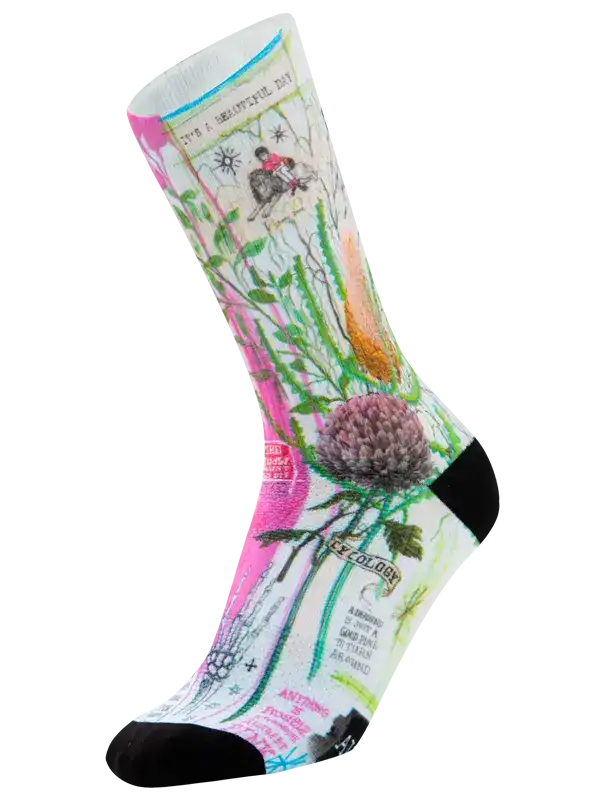 Colorful cycling sock with floral and vintage cycling graphics, ideal for men's and women's bike rides