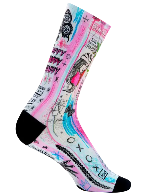Colorful cycling sock with artistic doodles, hearts, and 'Happy' text, perfect for bike rides