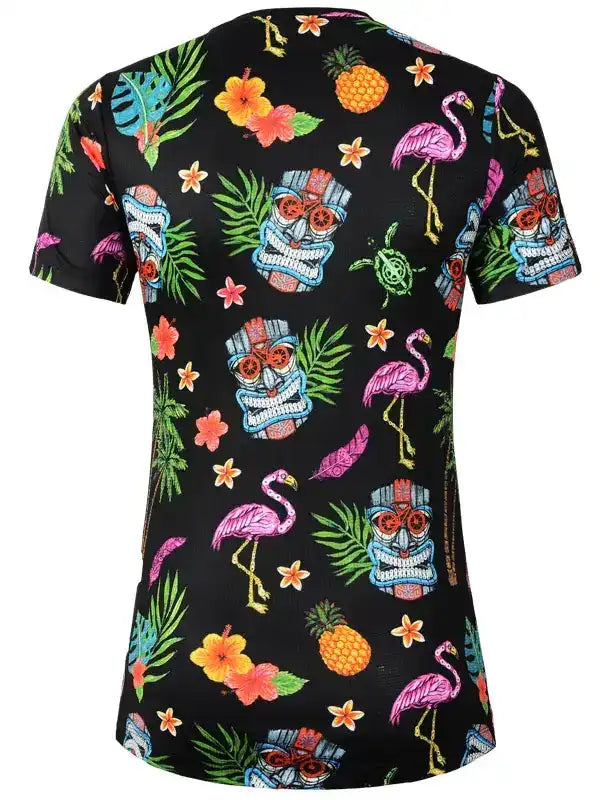 Black tropical cycling jersey with flamingos, pineapples, tiki masks, and hibiscus flowers