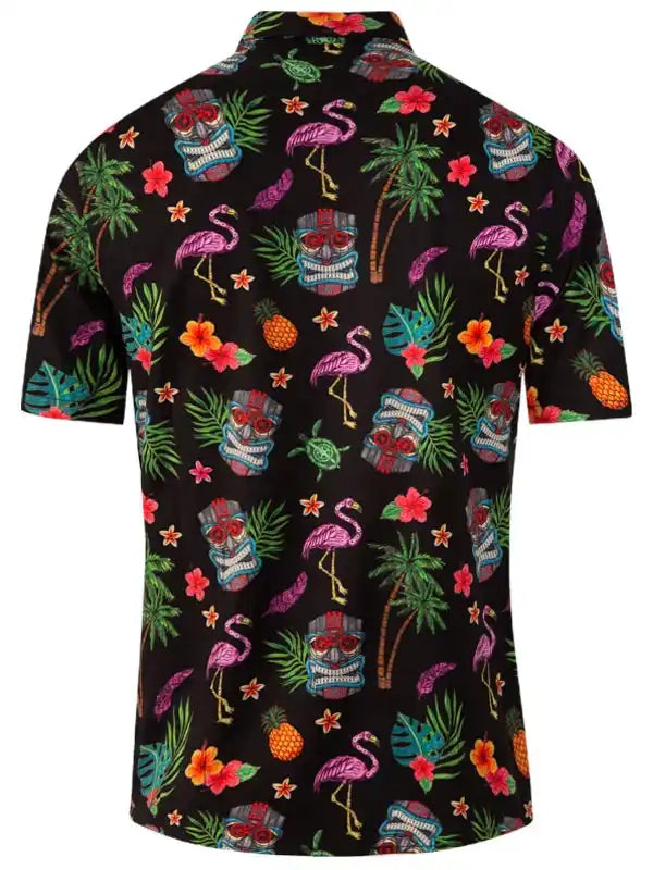 Black tropical print shirt with flamingos, tiki masks, pineapples, and palm leaves for men's casual wear