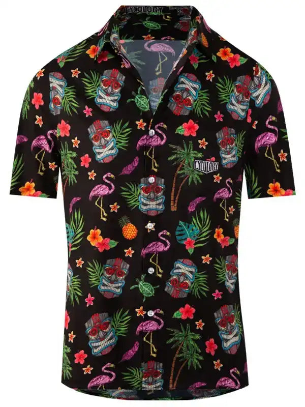 Black tropical print shirt with flamingos, tiki masks, palm trees, and hibiscus flowers for cycling or casual wear