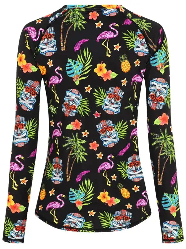 Black long sleeve cycling jersey with tropical flamingo, tiki mask, and palm tree print design