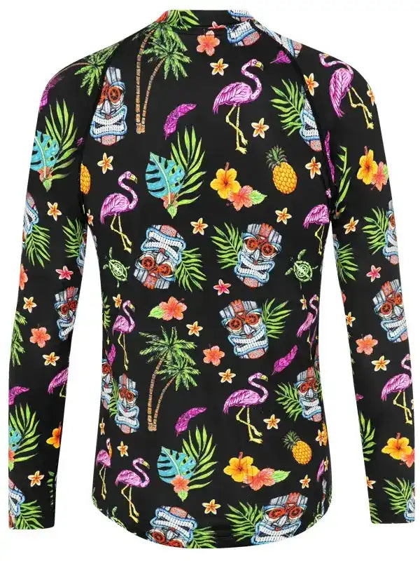 Tropical print cycling jersey with flamingos, tiki masks, and palm trees on black background