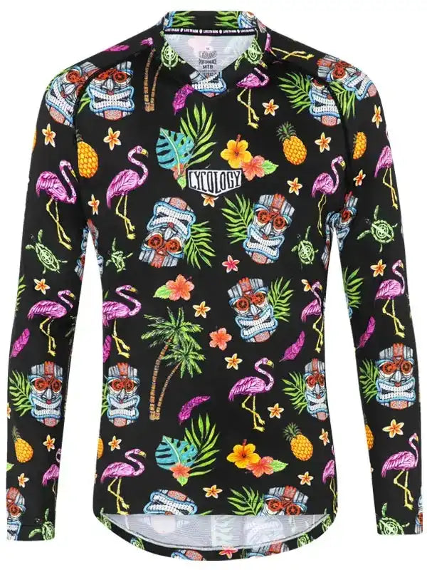 Men's tropical cycling jersey with flamingos, pineapples, and tiki masks on black background
