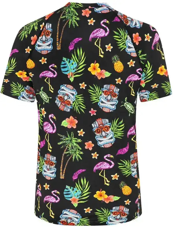 Black tropical print cycling jersey with flamingos, pineapples, tiki masks, and palm leaves for men or women