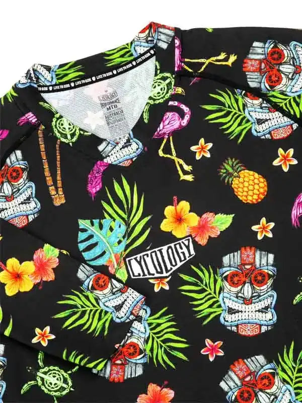 Black tropical cycling jersey with flamingos, pineapples, and tiki skulls, vibrant floral print for men and women