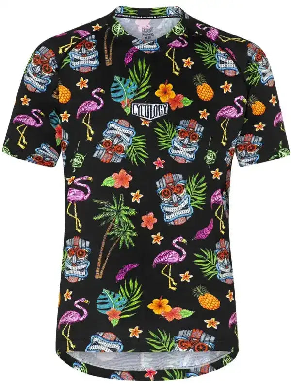 Men's tropical print cycling jersey with flamingos, tiki masks, and palm trees on black background