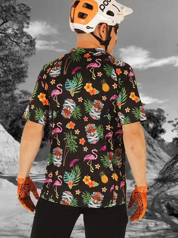 Men's tropical flamingo cycling jersey with tiki print, helmet, and gloves for road or trail rides