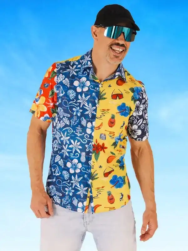 Men's vibrant tropical print cycling shirt with blue and yellow floral patterns, perfect for sunny rides.